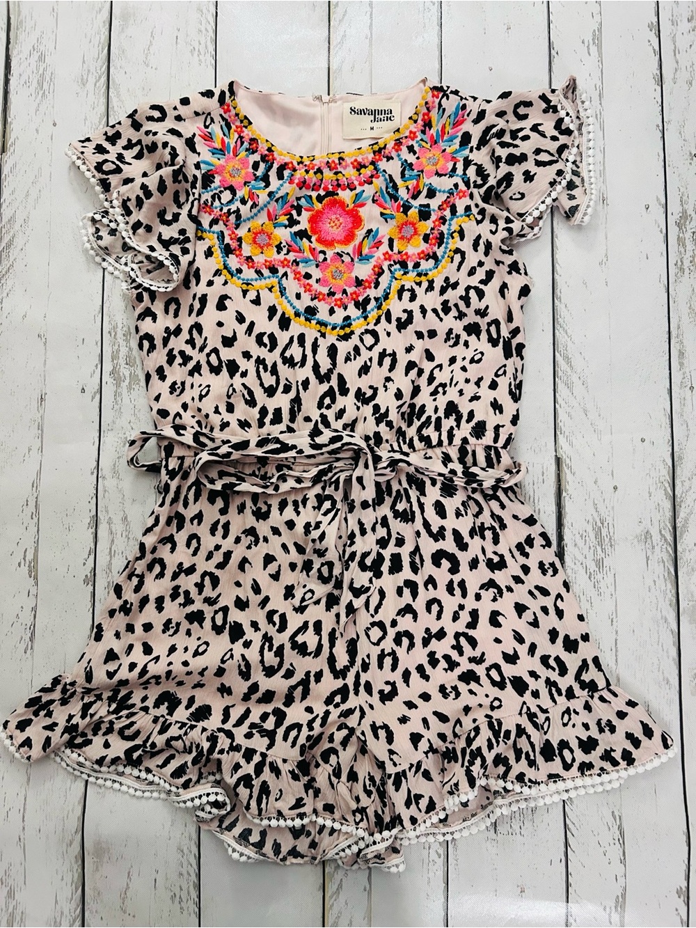 Sz M Savanna Jane Animal print Floral Embroidered Romper with Multicolor Accents